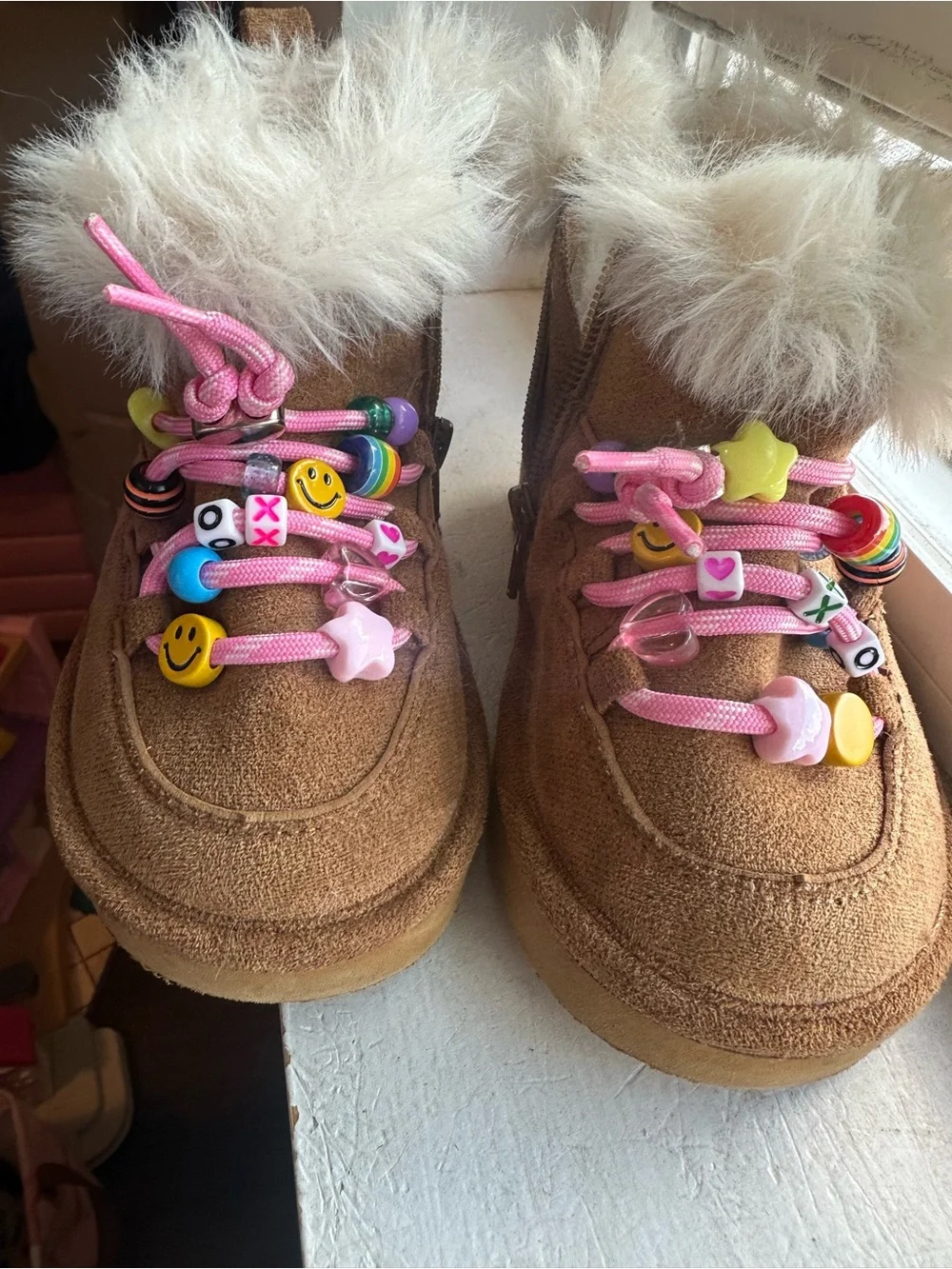 Kids Faux-Fur Lined Brown Winter Boots with Pink Beaded Laces